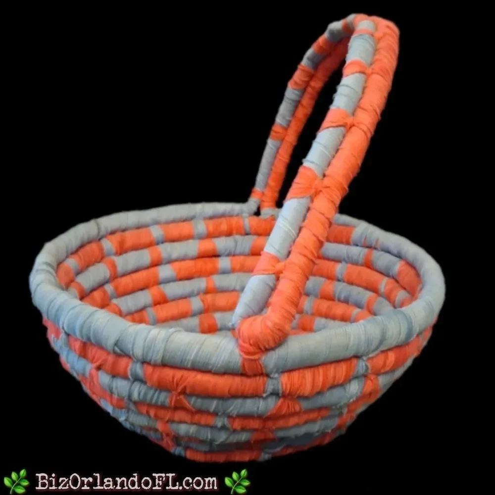 VINTAGE: Set of 2 Matching Nested Coiled Rope Basket in Coral & Blue Colors RARE